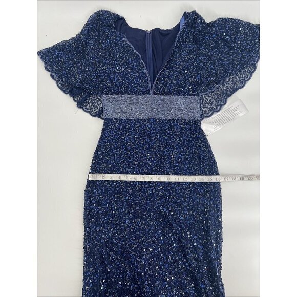 Mac Duggal Size 4 Navy Blue SEQUINED V-NECK CAPE SLEEVE BEADED WAIST GOWN 4808 - Picture 11 of 11